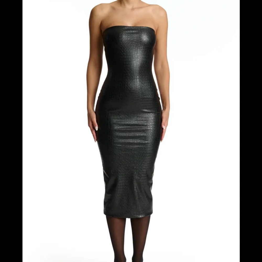 Naked Wardrobe Black Croc-Embossed Dress NWT